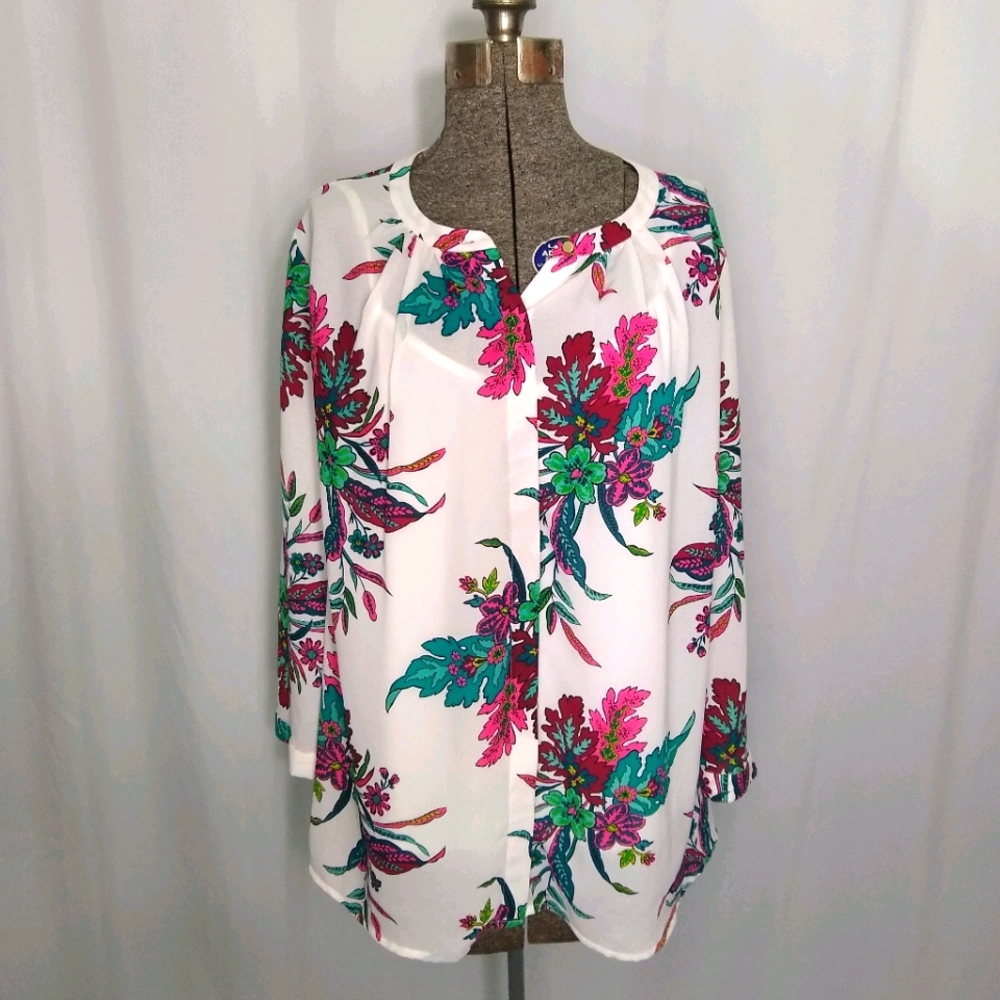 Liz Claiborne white colorful retro floral chiffon blouse& cami set